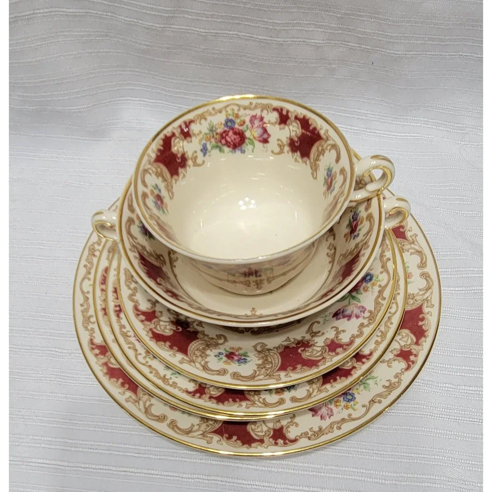 Syracuse China Old Ivory Romance Maroon Floral Dinnerware Set 6pc Gold Rim